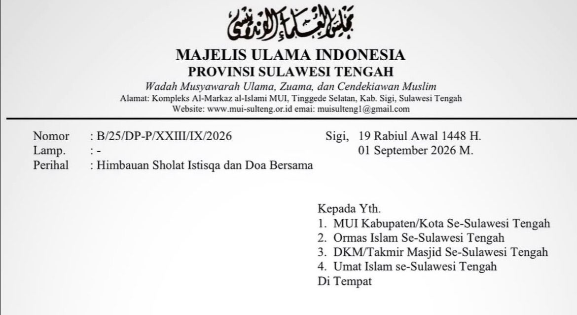 MUI Sulteng Imbau Umat Muslim se-Sulteng Gelar Salat Minta Hujan di Daerah Masing-Masing